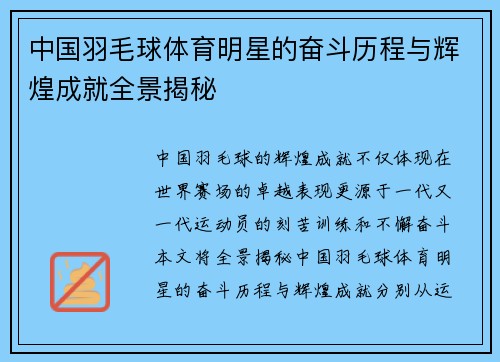 中国羽毛球体育明星的奋斗历程与辉煌成就全景揭秘