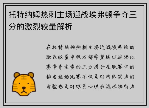 托特纳姆热刺主场迎战埃弗顿争夺三分的激烈较量解析